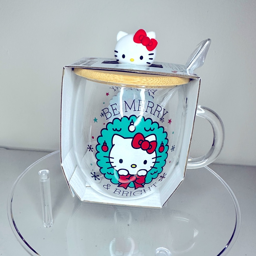 Hello Kitty Christmas Glass Mug with Lid & Spoon
